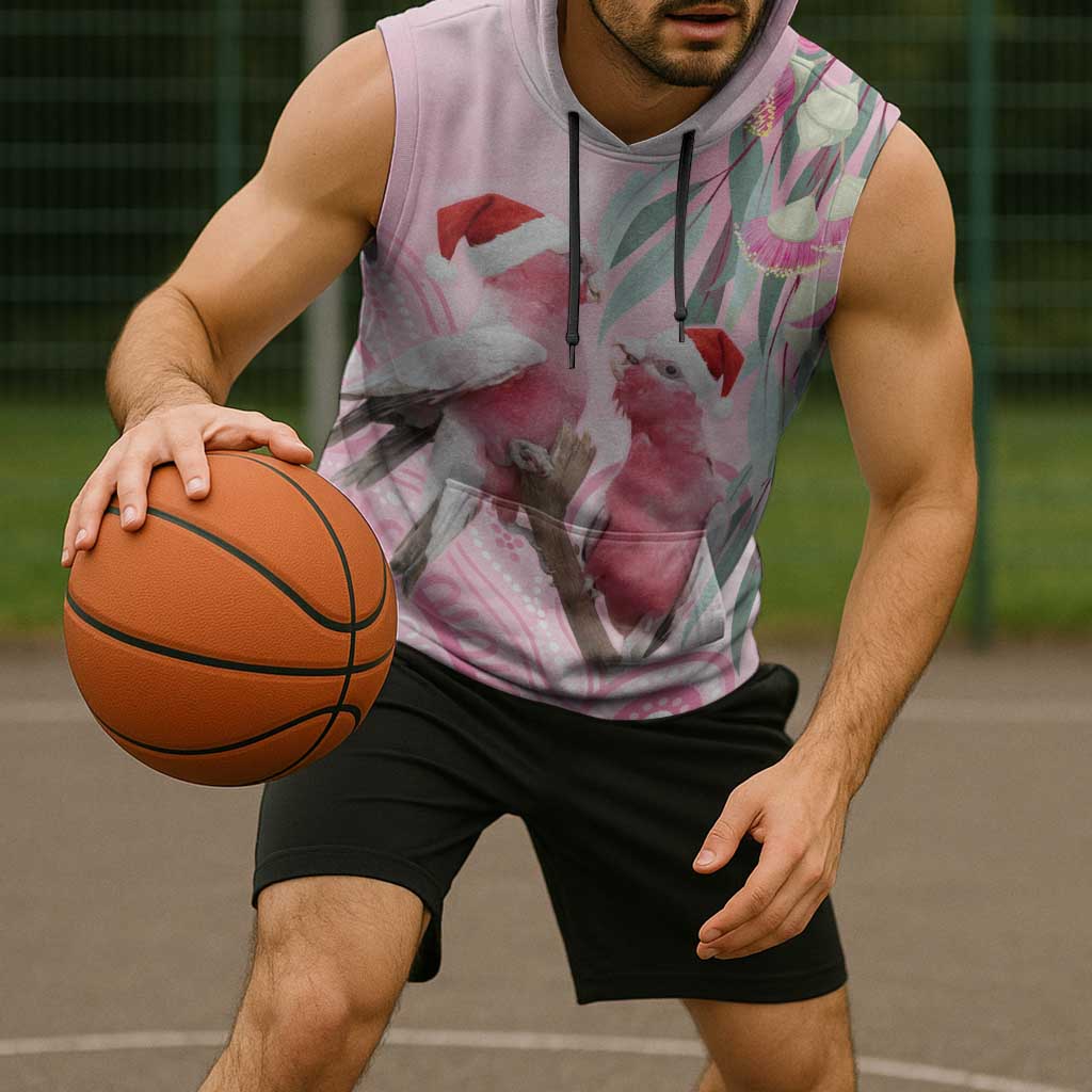 Australia Funny Pink Galah Christmas Sleeveless Hoodie Aboriginal Eucalyptus Blossoms Watercolor - Aussie Hoodie