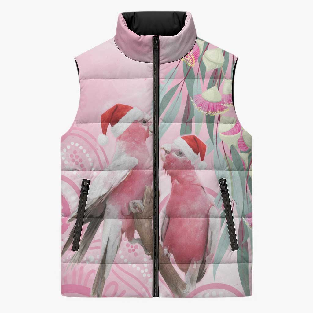 Australia Funny Pink Galah Christmas Sleeveless Puffer Jacket Aboriginal Eucalyptus Blossoms Watercolor - Aussie Hoodie