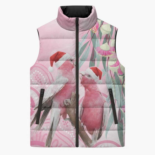 Australia Funny Pink Galah Christmas Sleeveless Puffer Jacket Aboriginal Eucalyptus Blossoms Watercolor - Aussie Hoodie