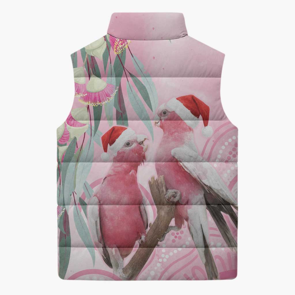 Australia Funny Pink Galah Christmas Sleeveless Puffer Jacket Aboriginal Eucalyptus Blossoms Watercolor - Aussie Hoodie