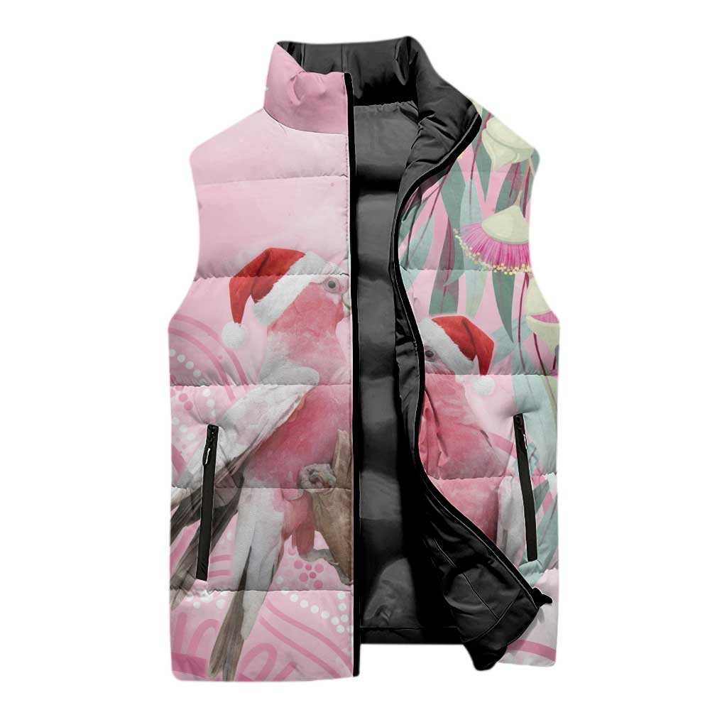 Australia Funny Pink Galah Christmas Sleeveless Puffer Jacket Aboriginal Eucalyptus Blossoms Watercolor - Aussie Hoodie
