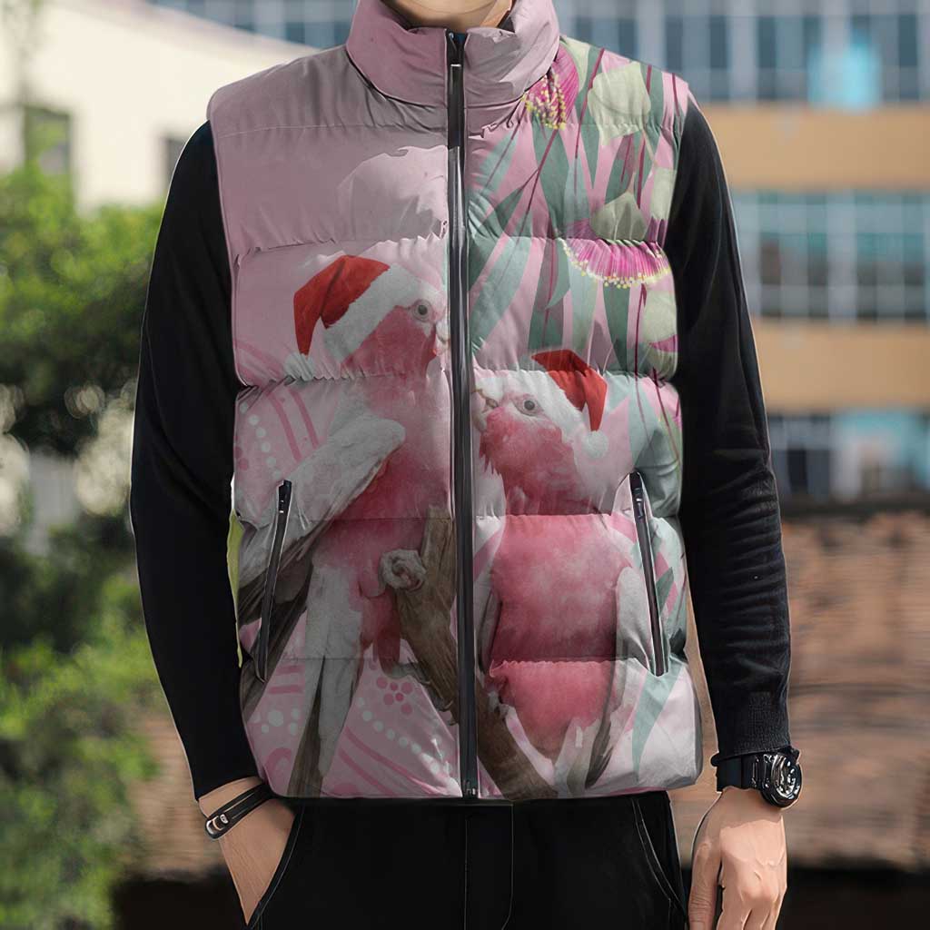 Australia Funny Pink Galah Christmas Sleeveless Puffer Jacket Aboriginal Eucalyptus Blossoms Watercolor - Aussie Hoodie