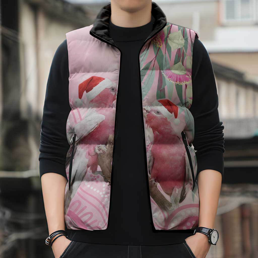 Australia Funny Pink Galah Christmas Sleeveless Puffer Jacket Aboriginal Eucalyptus Blossoms Watercolor - Aussie Hoodie