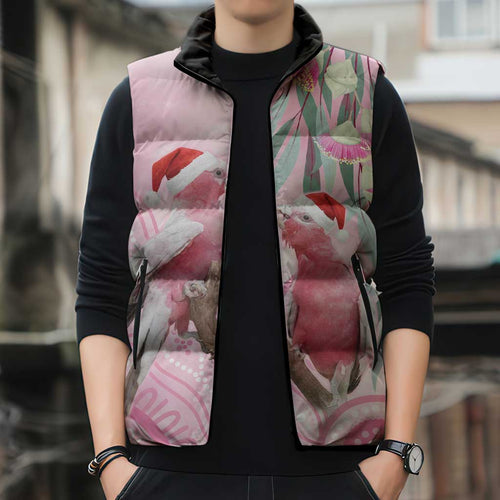 Australia Funny Pink Galah Christmas Sleeveless Puffer Jacket Aboriginal Eucalyptus Blossoms Watercolor - Aussie Hoodie