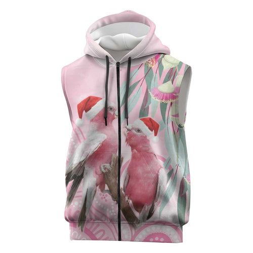 Australia Funny Pink Galah Christmas Sleeveless Zip Hoodie Aboriginal Eucalyptus Blossoms Watercolor LT14