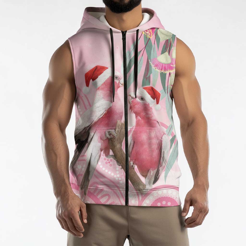 Australia Funny Pink Galah Christmas Sleeveless Zip Hoodie Aboriginal Eucalyptus Blossoms Watercolor LT14