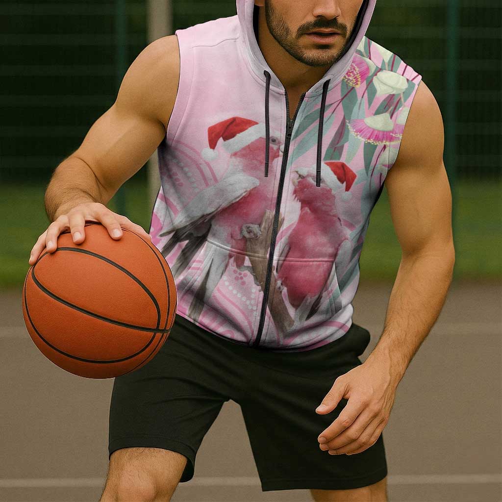 Australia Funny Pink Galah Christmas Sleeveless Zip Hoodie Aboriginal Eucalyptus Blossoms Watercolor LT14