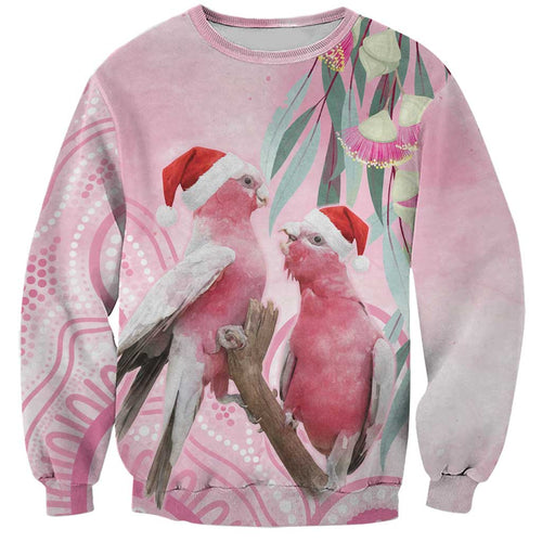 Australia Funny Pink Galah Christmas Sweatshirt Aboriginal Eucalyptus Blossoms Watercolor - Aussie Hoodie