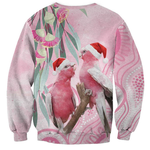 Australia Funny Pink Galah Christmas Sweatshirt Aboriginal Eucalyptus Blossoms Watercolor - Aussie Hoodie
