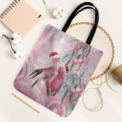 Australia Funny Pink Galah Christmas Tote Bag Aboriginal Eucalyptus Blossoms Watercolor - Aussie Hoodie