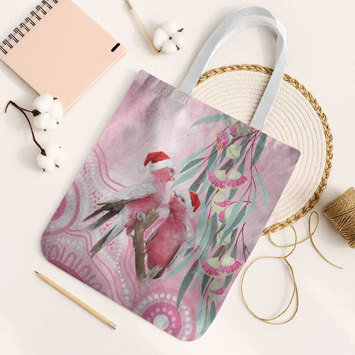 Australia Funny Pink Galah Christmas Tote Bag Aboriginal Eucalyptus Blossoms Watercolor - Aussie Hoodie