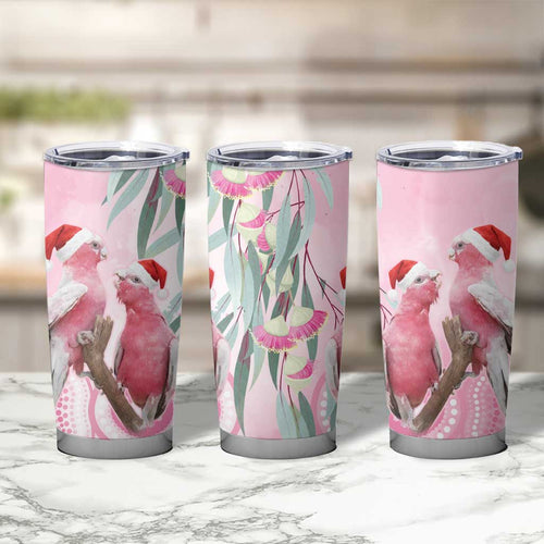 Australia Funny Pink Galah Christmas Tumbler Cup Aboriginal Eucalyptus Blossoms Watercolor - Aussie Hoodie