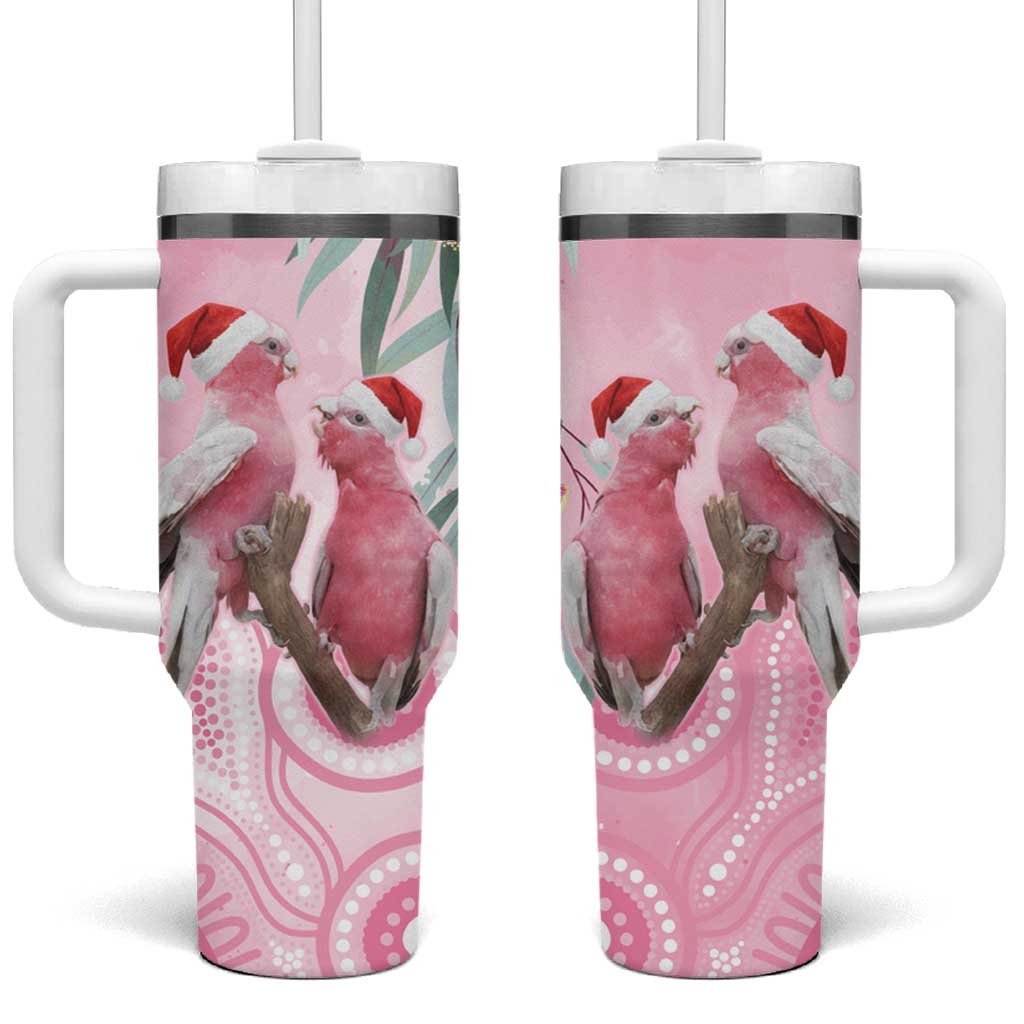 Australia Funny Pink Galah Christmas Tumbler With Handle Aboriginal Eucalyptus Blossoms Watercolor - Aussie Hoodie