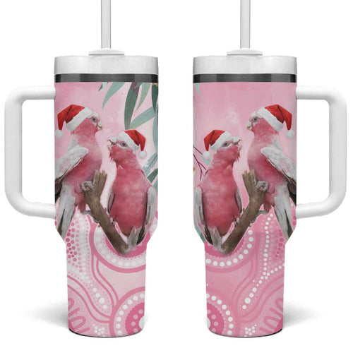 Australia Funny Pink Galah Christmas Tumbler With Handle Aboriginal Eucalyptus Blossoms Watercolor - Aussie Hoodie
