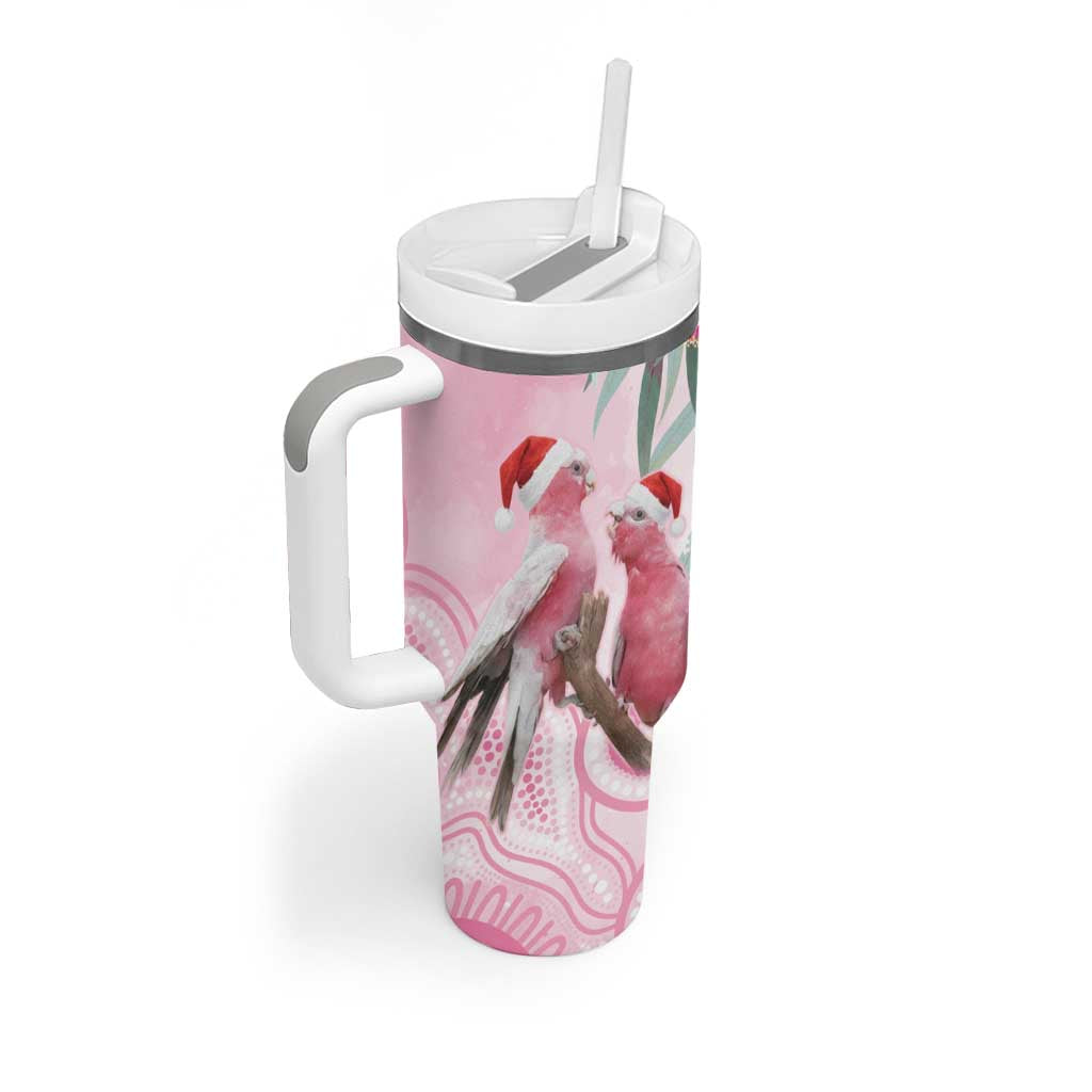 Australia Funny Pink Galah Christmas Tumbler With Handle Aboriginal Eucalyptus Blossoms Watercolor - Aussie Hoodie
