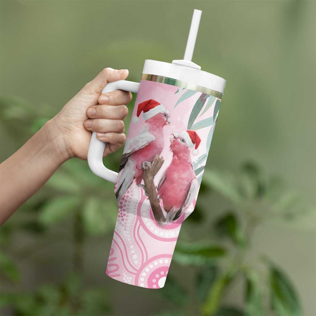 Australia Funny Pink Galah Christmas Tumbler With Handle Aboriginal Eucalyptus Blossoms Watercolor - Aussie Hoodie