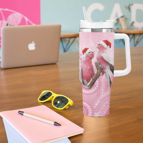 Australia Funny Pink Galah Christmas Tumbler With Handle Aboriginal Eucalyptus Blossoms Watercolor - Aussie Hoodie