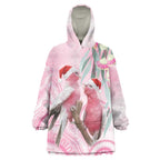 Australia Funny Pink Galah Christmas Wearable Blanket Hoodie Aboriginal Eucalyptus Blossoms Watercolor - Aussie Hoodie
