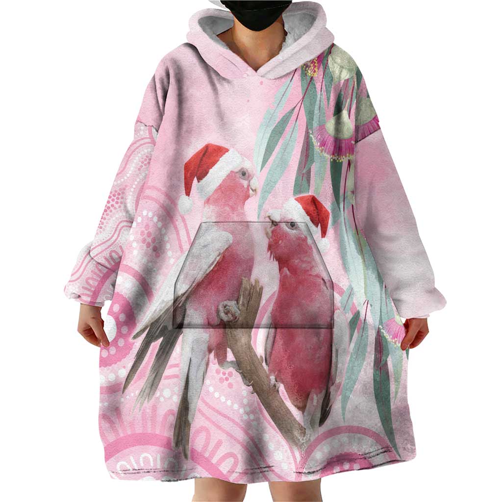 Australia Funny Pink Galah Christmas Wearable Blanket Hoodie Aboriginal Eucalyptus Blossoms Watercolor - Aussie Hoodie
