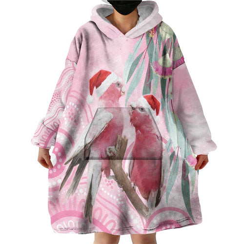Australia Funny Pink Galah Christmas Wearable Blanket Hoodie Aboriginal Eucalyptus Blossoms Watercolor - Aussie Hoodie