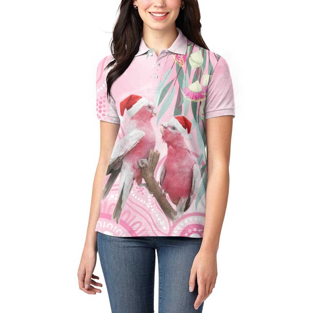 Australia Funny Pink Galah Christmas Women Polo Shirt Aboriginal Eucalyptus Blossoms Watercolor - Aussie Hoodie