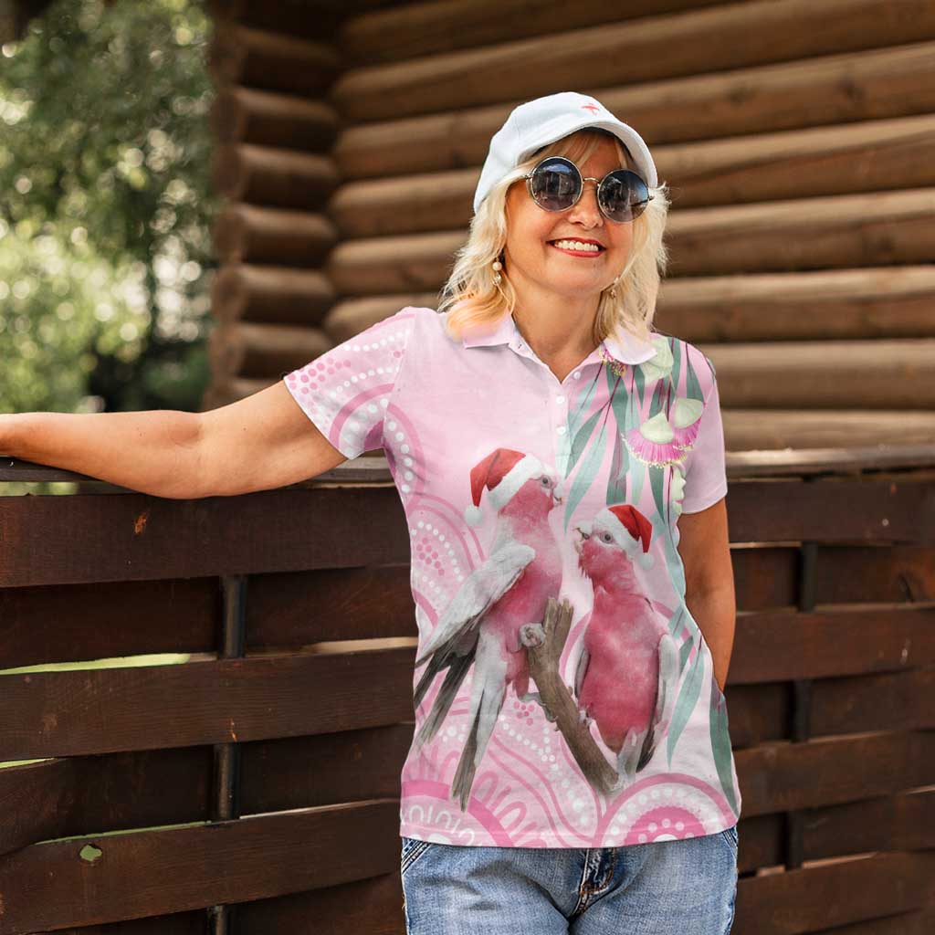 Australia Funny Pink Galah Christmas Women Polo Shirt Aboriginal Eucalyptus Blossoms Watercolor - Aussie Hoodie