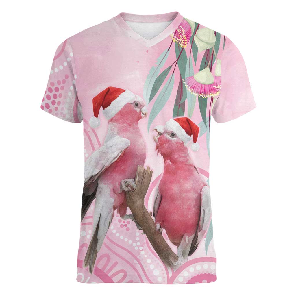 Australia Funny Pink Galah Christmas Women V-Neck T-Shirt Aboriginal Eucalyptus Blossoms Watercolor - Aussie Hoodie