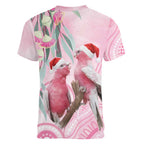 Australia Funny Pink Galah Christmas Women V-Neck T-Shirt Aboriginal Eucalyptus Blossoms Watercolor - Aussie Hoodie