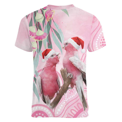 Australia Funny Pink Galah Christmas Women V-Neck T-Shirt Aboriginal Eucalyptus Blossoms Watercolor - Aussie Hoodie