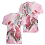 Australia Funny Pink Galah Christmas Women V-Neck T-Shirt Aboriginal Eucalyptus Blossoms Watercolor - Aussie Hoodie