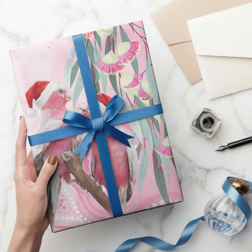 Australia Funny Pink Galah Christmas Wrapping Paper Aboriginal Eucalyptus Blossoms Watercolor - Aussie Hoodie