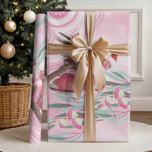 Australia Funny Pink Galah Christmas Wrapping Paper Aboriginal Eucalyptus Blossoms Watercolor - Aussie Hoodie