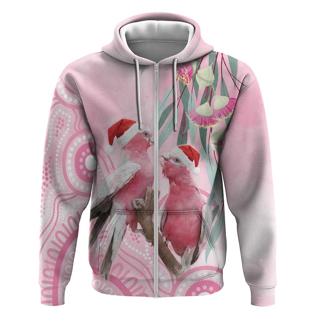 Australia Funny Pink Galah Christmas Zip Hoodie Aboriginal Eucalyptus Blossoms Watercolor - Aussie Hoodie