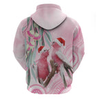 Australia Funny Pink Galah Christmas Zip Hoodie Aboriginal Eucalyptus Blossoms Watercolor - Aussie Hoodie