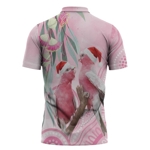 Australia Funny Pink Galah Christmas Zipper Polo Shirt Aboriginal Eucalyptus Blossoms Watercolor - Aussie Hoodie