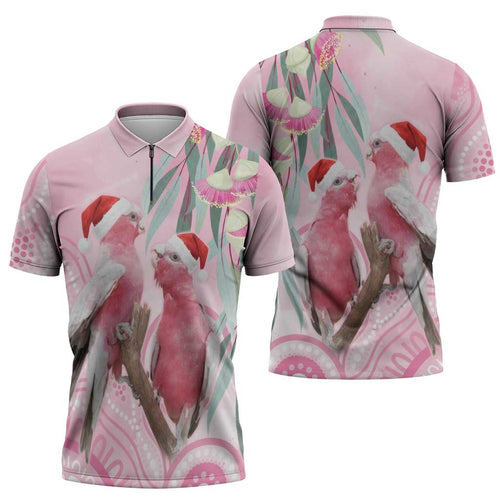 Australia Funny Pink Galah Christmas Zipper Polo Shirt Aboriginal Eucalyptus Blossoms Watercolor - Aussie Hoodie