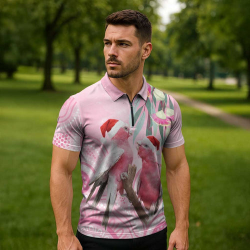 Australia Funny Pink Galah Christmas Zipper Polo Shirt Aboriginal Eucalyptus Blossoms Watercolor - Aussie Hoodie
