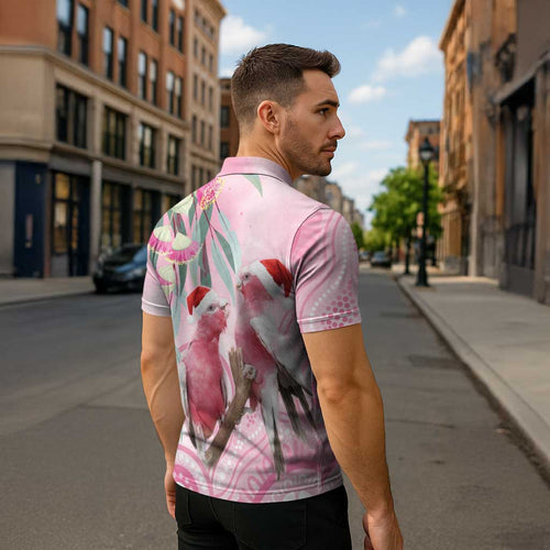 Australia Funny Pink Galah Christmas Zipper Polo Shirt Aboriginal Eucalyptus Blossoms Watercolor - Aussie Hoodie