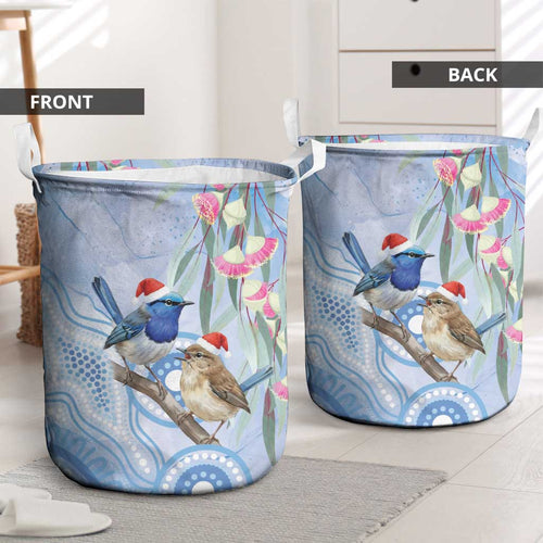 Australia Superb Fairywren Christmas Laundry Basket Aboriginal Eucalyptus Blossoms Watercolor - Aussie Hoodie