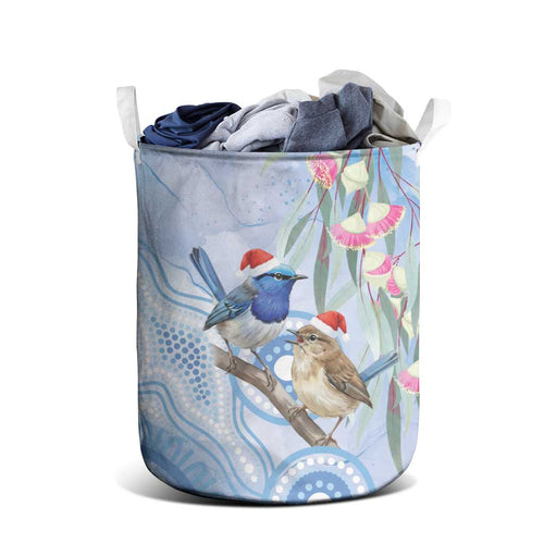 Australia Superb Fairywren Christmas Laundry Basket Aboriginal Eucalyptus Blossoms Watercolor - Aussie Hoodie