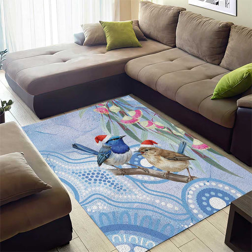Australia Superb Fairywren Christmas Area Rug Aboriginal Eucalyptus Blossoms Watercolor - Aussie Hoodie