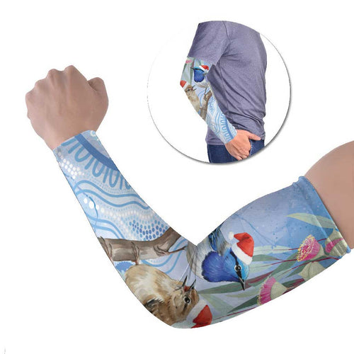 Australia Superb Fairywren Christmas Arm Sleeves Aboriginal Eucalyptus Blossoms Watercolor - Aussie Hoodie