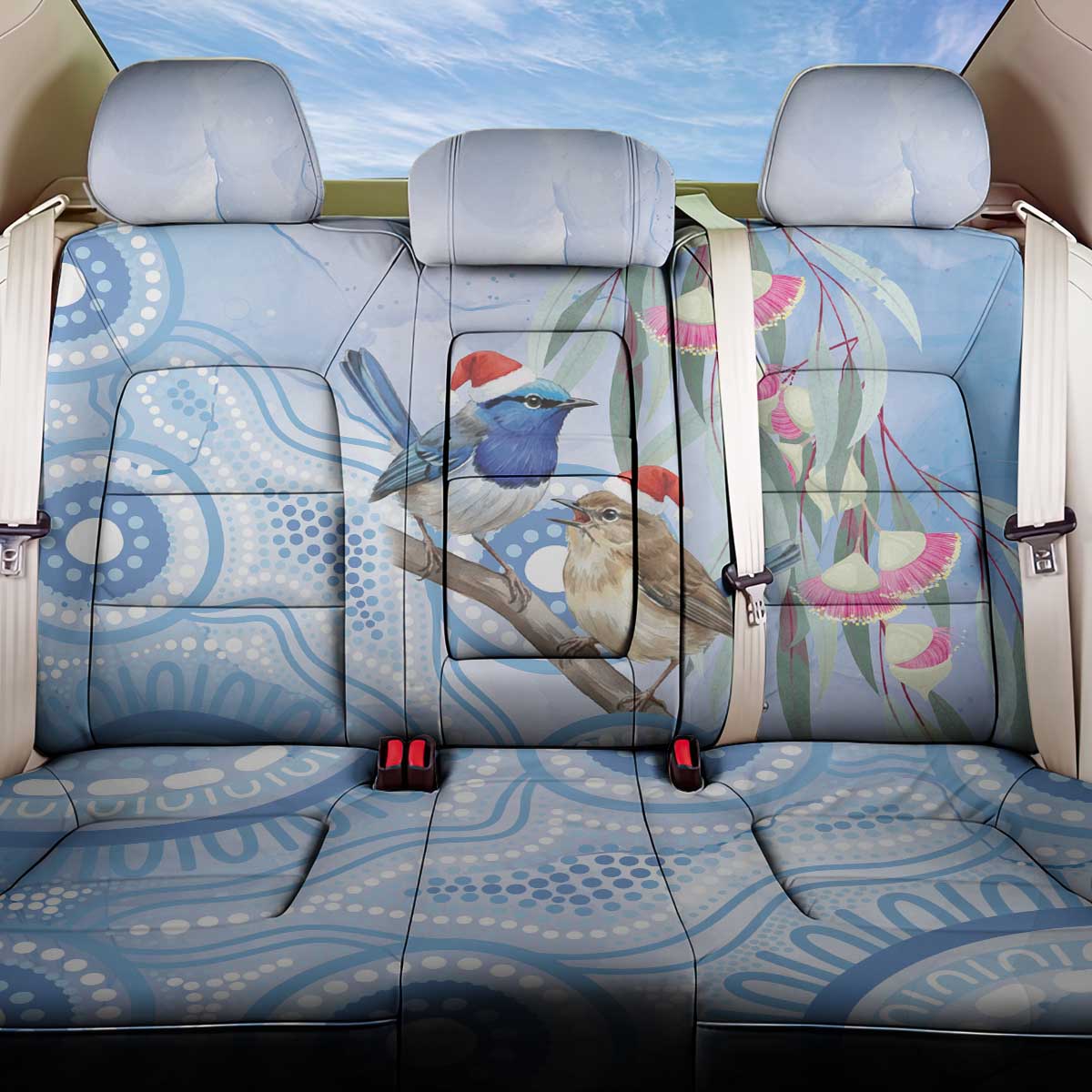 Australia Superb Fairywren Christmas Back Car Seat Cover Aboriginal Eucalyptus Blossoms Watercolor - Aussie Hoodie