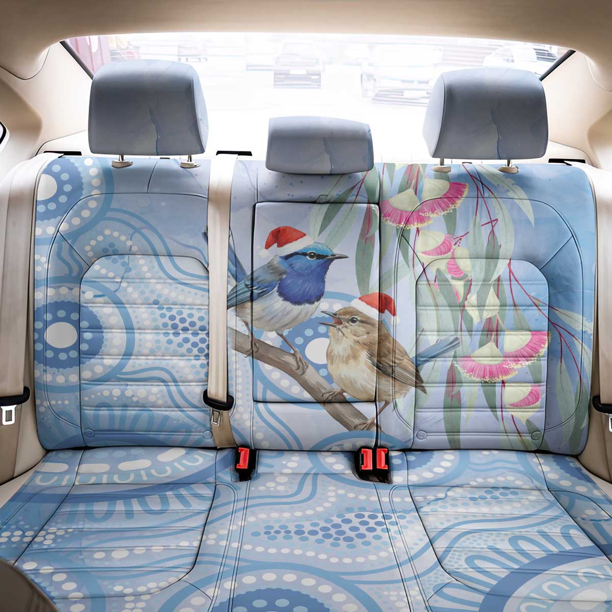 Australia Superb Fairywren Christmas Back Car Seat Cover Aboriginal Eucalyptus Blossoms Watercolor - Aussie Hoodie