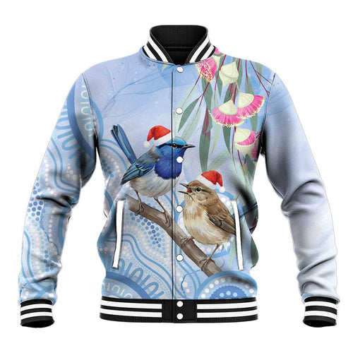 Australia Superb Fairywren Christmas Baseball Jacket Aboriginal Eucalyptus Blossoms Watercolor - Aussie Hoodie