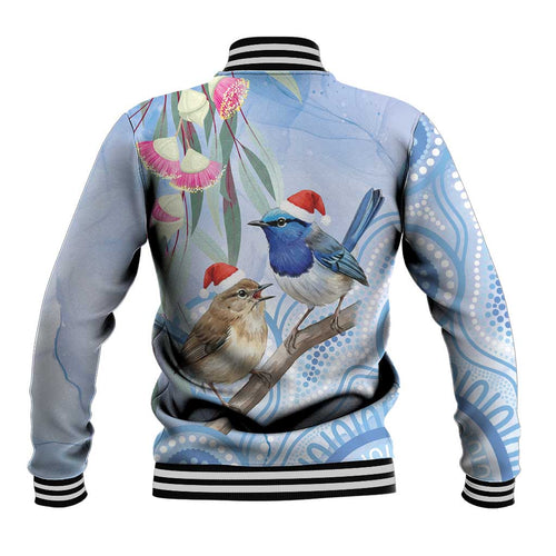Australia Superb Fairywren Christmas Baseball Jacket Aboriginal Eucalyptus Blossoms Watercolor - Aussie Hoodie