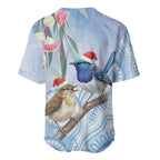 Australia Superb Fairywren Christmas Baseball Jersey Aboriginal Eucalyptus Blossoms Watercolor - Aussie Hoodie