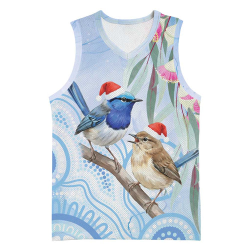 Australia Superb Fairywren Christmas Basketball Jersey Aboriginal Eucalyptus Blossoms Watercolor - Aussie Hoodie