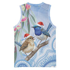 Australia Superb Fairywren Christmas Basketball Jersey Aboriginal Eucalyptus Blossoms Watercolor - Aussie Hoodie