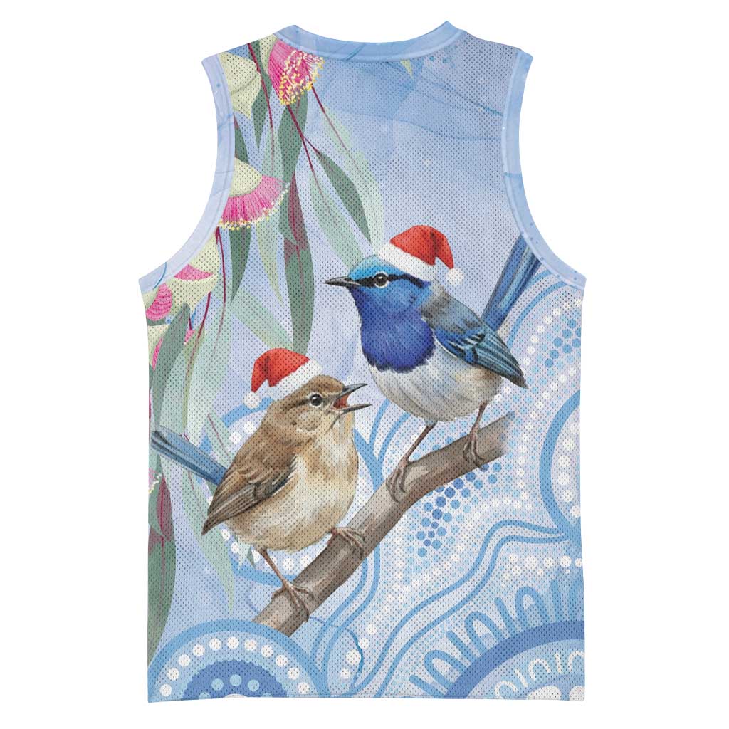 Australia Superb Fairywren Christmas Basketball Jersey Aboriginal Eucalyptus Blossoms Watercolor - Aussie Hoodie
